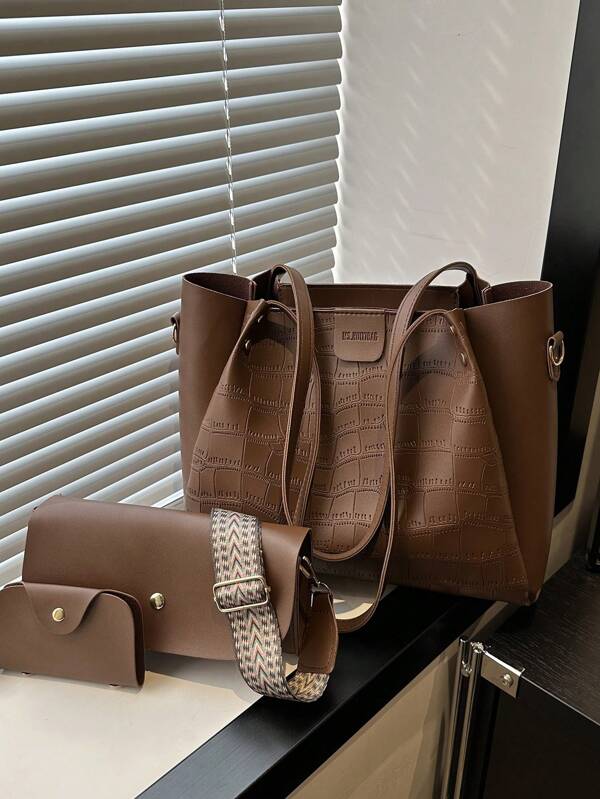 Conjunto de Bolsa Tote de Couro Falso de Crocodilo Recortado Minimalista e Fashion, Decoração com Fivela Bicolor, Grande Capacidade Prática e Versátil, Incluindo Bolsa Transversal e Porta-Moedas, Adequada para Ir ao Trabalho, Compras, Todas as Estações, Estilo Prático e Simples, Escolha Perfeita para Mulheres