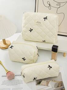1Pc Bow Embroidered Cosmetic Bag Fashionable Large Capacity Quilted Makeup Bag Sets Travel Cosmetic Bag With Handle Lightweight Fluffy Filling Toiletries Bag For Travel Storage,Daily Use
