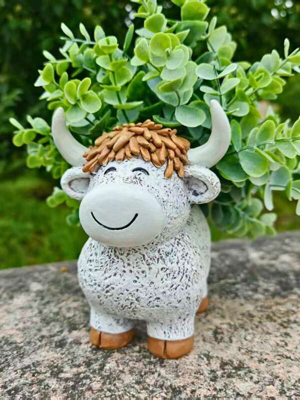 1 pieza Maceta de vaca de las Tierras Altas de estilo bohemio hecha de resina - Decoración de jardín tallada a mano, apta para suculentas/plantas pequeñas - Decoración campestre para el hogar/oficina, regalos de Navidad/Día de San Valentín, con orificio de drenaje