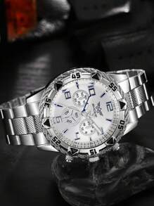 3 pièces Lot de montres à quartz pour hommes avec bracelet en acier inoxydable argent, style sobre et d'affaires. Peut être offert comme un cadeau important pour les fêtes, et être porté au quotidien.