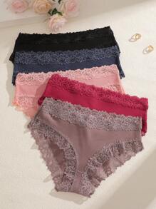 Set de 5 bragas de ropa interior femenina con encaje y diseño minimalista, de bajo corte, respirables y cómodas con estilo romántico francés
