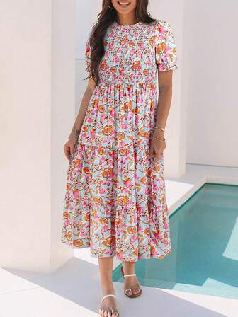 全印花設計,荷葉邊連衣裙