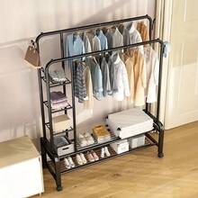 Heavy Duty Clothes Rail, Sturdy Black Metal Rack With Double Hanging Clothing Shoe Rack, Storage Shelves & 4 Coat Hooks, Freestanding Rails For Bedroom, Office, Shop - Hitam - View 6