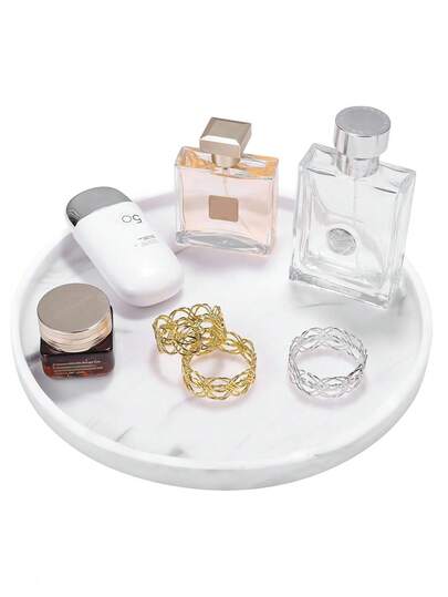 1 件白色大理石图案圆形梳妆台托盘，10.6 英寸浴室梳妆台托盘厨房托盘，台面储物托盘，适用于香水梳妆台珠宝蜡烛，咖啡桌装饰托盘，大理石白色，适用于假日海滩、浴室收藏、卧室收藏，大容量