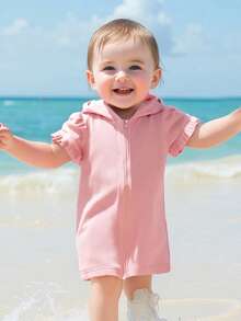 Girls Swimwear Cover Up - Zip Front Hooded Beach Robe 1-6 Years  Short Sleeve Poolside Wrap  Quick-Dry UV Protection - Pink - View 4