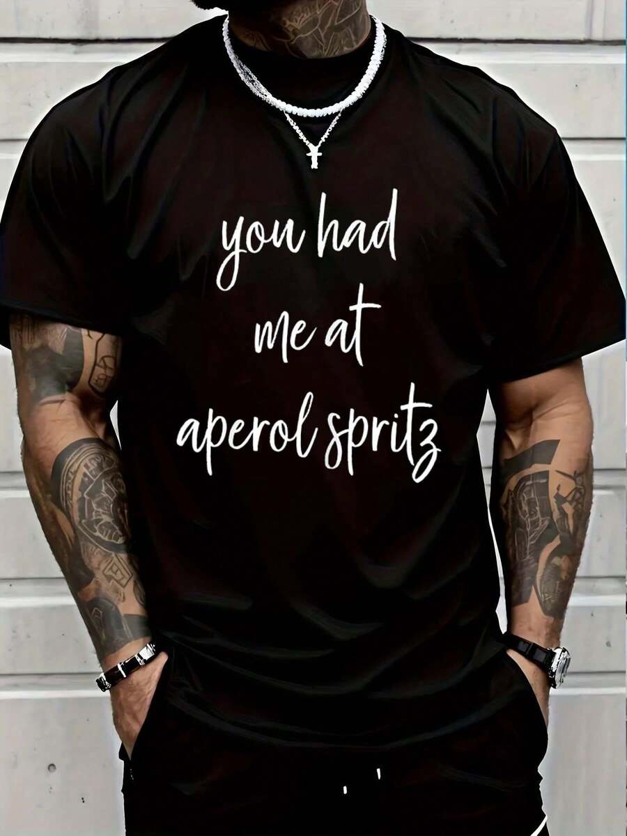 100% Cotton You Had Me At Aperol Spritz Italian Cocktail Booze T Shirt Street Hip-Hop Style Men's T-Shirt - Black - View 1