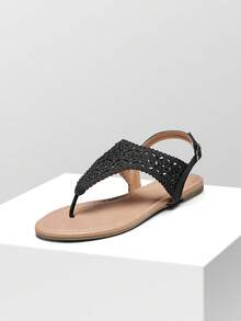 Women's Gladiator Flat Sandals Rhinestone Cutout Design Summer Vacation Beach Dressy Ankle Strap T-Strap Thong Sandals Shoes - màu đen - Xem 2