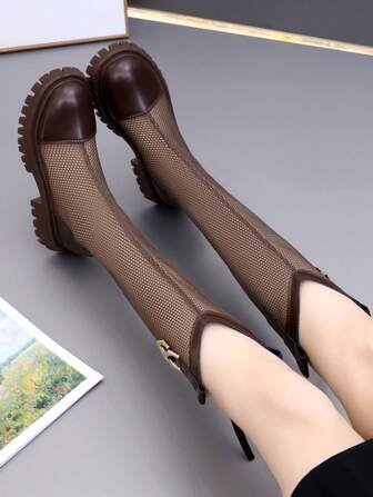 夏季网靴女2025新款黑色高筒高筒靴薄款网眼透气镂空厚底骑士靴加大码