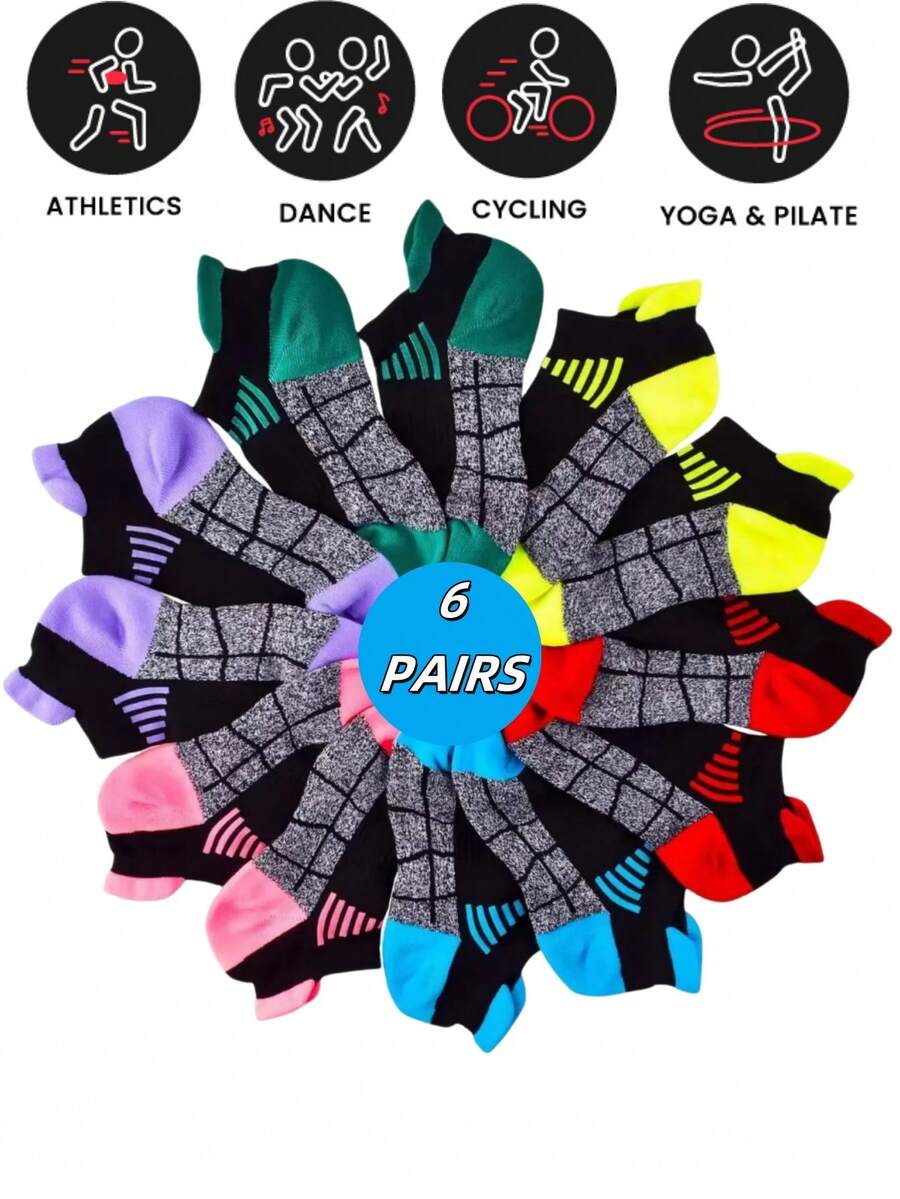 6 Pairs Unisex Short Sports Socks, Other Knitted Fabric Men/Women Running Socks With Cushion, Low-Cut Athletic Socks - Multicolor - View 1