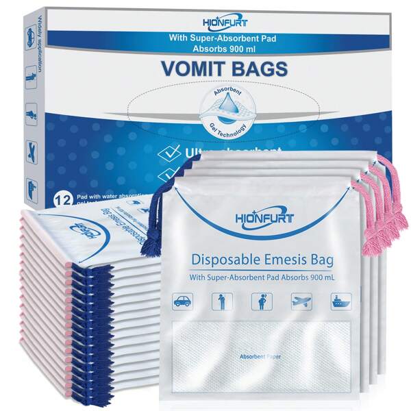12/26 piezas Bolsas absorbentes desechables para vómitos, bolsas para vómitos que se convierten en gel, bolsas a prueba de fugas para náuseas, 900 ml, portátiles, para viajes, mareo, embarazo, taxi, coche