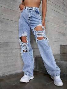[Knee Ripped] High Waisted Wide Leg Jeans For Women, 2025 All Season, Floor Length Straight Leg Pants To Elongate Legs, Vintage Street Style Versatile Jeans