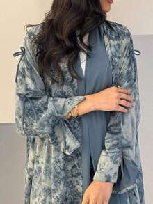 1 件优雅女士长袖喇叭领带细节抽象印花编织长款卡夫坦连衣裙，适合日常穿着和节日 - 淺藍色 - 查看 4