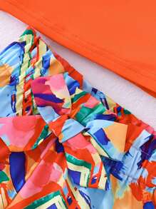 Set de 2 piezas para niñas: Camiseta sin hombros naranja casual y shorts con estampado colorido con moño, apropiado para fiesta, tiempo libre, vacaciones, hogar y exterior, verano