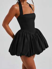 Women Y2K Halter Bubble Mini Dress Sleeveless Open Back Tie Up Backless Corset Ruffle Puffy Mini Party Short Dress - 黑色 - 查看 1
