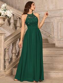 MIUSOL Elegant Women's Sequin Floral Lace Halter Neck Sleeveless Ruched Chiffon Maxi Dress, Perfect For Formal Wedding Guest, Cocktail Party, Bridesmaid, Prom - 墨綠色 - 查看 4