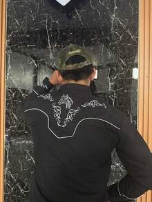 Camisa charra vaquera de rodeo bordada artesanal mexicana para hombre color negro con detalles blanco - Negro - Ver 5