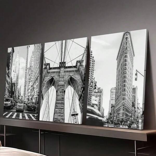 1/3pcs Architectural Art Canvas Print Decorative Painting Optional Frame, Brooklyn Bridge, Flatiron Building, Cityscape, New York Architecture, Black And White Photography Art Posters, Indoor Home Wall Arts Decoration ,Wall Art With Frame