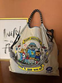 1pc New Fashion Embroidered Animal Pattern Collapsible Tote Bag, Large Capacity For Commuting, Party, Travel, Shopping And Beach Use