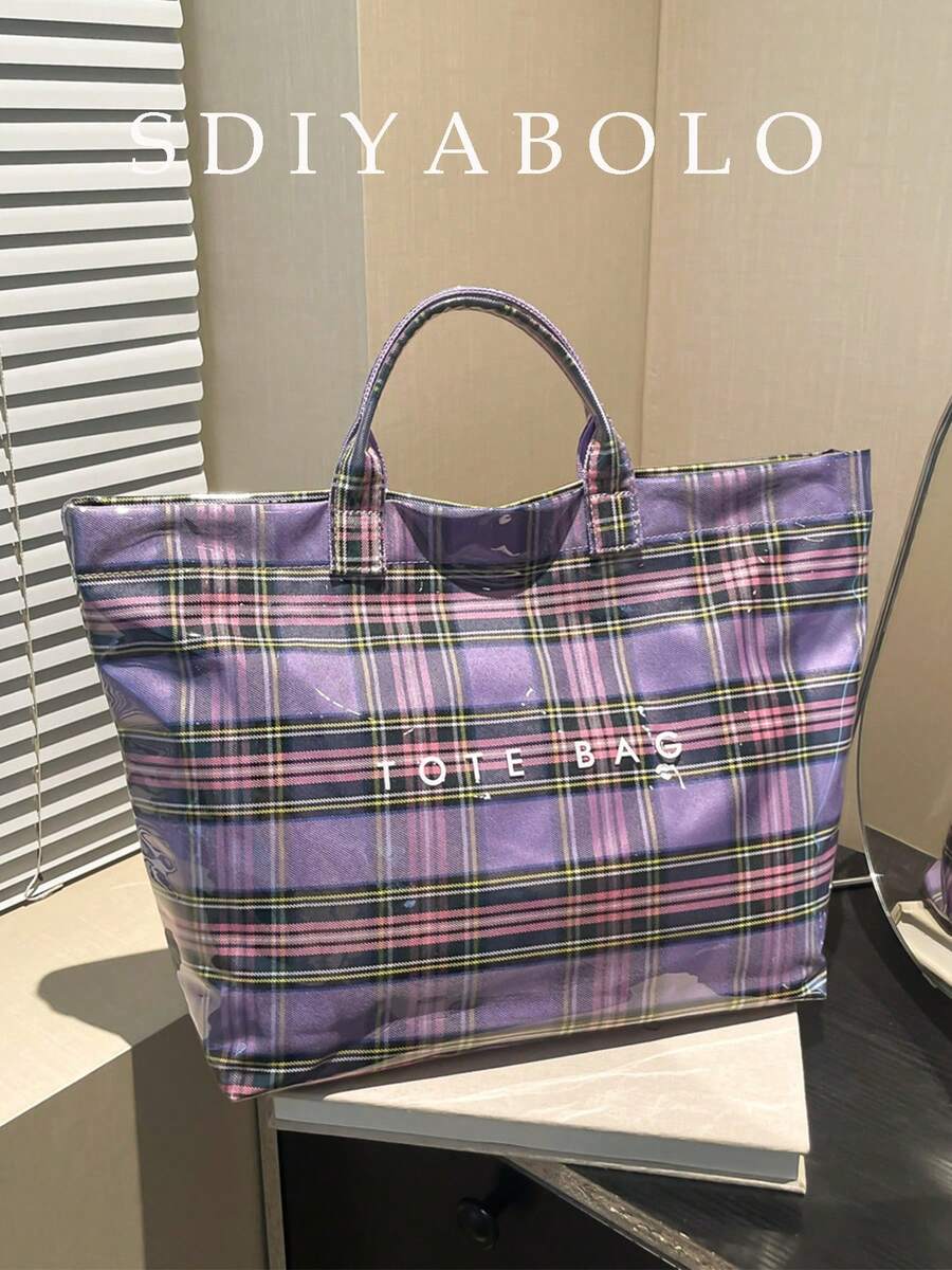 Tas Tote Kapasitas Besar Bergaya Kampus yang Modis - Terbuat dari PVC Ringan dan Kertas Kraft, dengan Penutup Kait dan Velcro, Pilihan Bergaya untuk Wanita - Purple - View 1