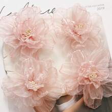 10pcs Peach Pink Chiffon Flower Embroidered Patches, Lightweight Organza Appliques, Fashionable And Cute, For DIY Crafts, Hair Ties, Clips, And Clothing Accessories