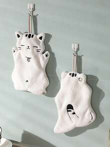 1pc/2pcs Cute Cat Plush Super Absorbent Hand Towel, Hanging Kitchen & Bathroom Decorative Towel, Absorbent, Easy To Clean, Personalized Towel - Black and White - View 8