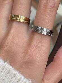 Bộ 2 nhẫn chữ khắc bằng thép không gỉ đơn giản với đá Cubic Zirconia, mạ vàng 18K, quà tặng trang sức không gây dị ứng - Vàng - Xem 4
