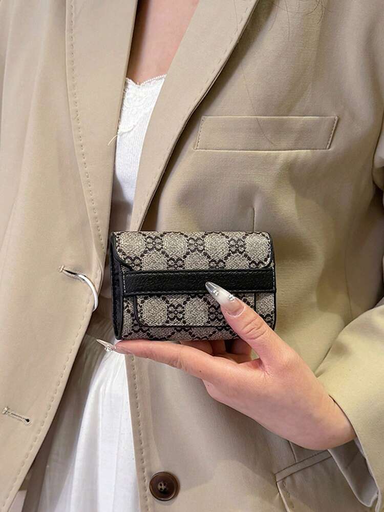 新款女式黑色聚氨酯花卉印花小巧手风琴卡夹多卡槽时尚多功能防盗卡收纳包翻盖复古轻便手拿包女士钱包迷你钱包钱包卡包 - 黑色 - 查看 6