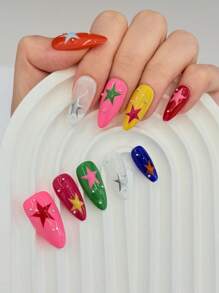10 pièces Nail Art fait main, Nail Art de couleur dopamine en forme d'amande, design peint à la main avec motif étoilé, Nail Art quotidien, Nail Art créatif mignon et chaud de l'amour tridimensionnel pour filles mignonnes, Nail Art de dessin animé mignon et cool, Nail Art senior unique et mignon, Ongles de printemps, Ongles d'été