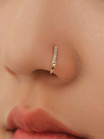 Nooxian 1pc Cyberpunk Style U-Shaped Zirconia Nose Ring, Gold-Tone Nose Piercing Decoration Accessory