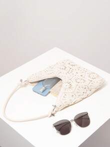 花卉镂空钩针编织单肩包、沙滩包、度假包、钩针套装、女士优雅包包、度假必备品、旅行必备品（图案随机） - 杏色 - 查看 5