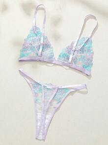 1 Set Of Front Button Transparent Romantic - French Flower Embroidery Sexy Lingerie - Purple - View 6