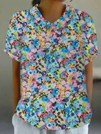 花卉印花全身印花涤纶女式开衩衬衫