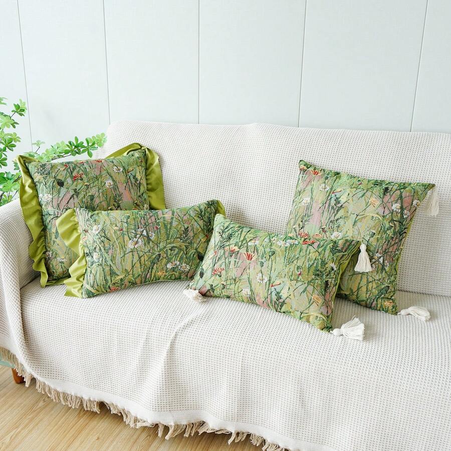 1 件植物花卉提花抱枕套，田园风格沙发靠垫床背枕套，适用于客厅