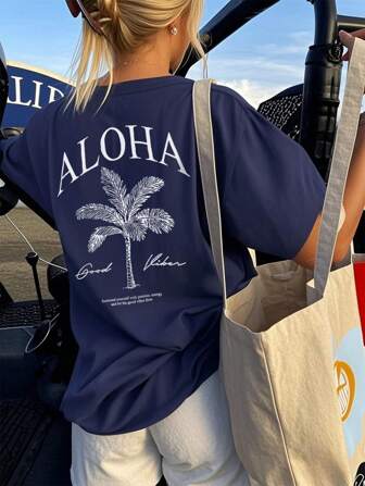 Dam vår och sommar ny palmträdsslogan tryck dagligt avslappnad rund hals kortärmad t-shirt trendig semesterstil, din dagliga nödvändighet. Grafiska t-shirts kvinnor vit topp svart topp rosa topp semesterkläder kvinnor