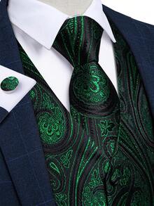 Mens Dress Vest Jacquard Paisley Floral Suit Vest And Tie Set Forma Waistcoats Wedding - Màu xanh lá cây đậm - Xem 5