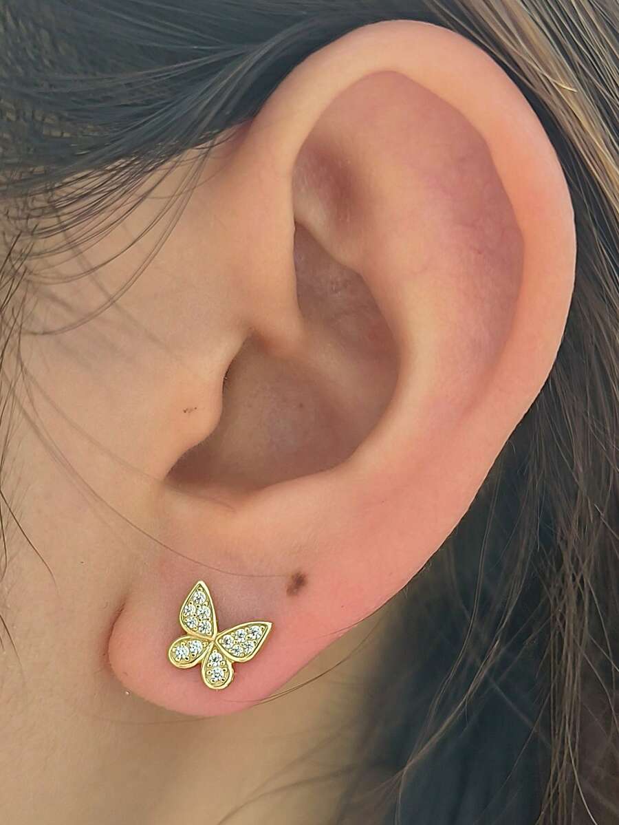 1 Pair S925 Sterling Silver Butterfly Stud Earrings For Women, Minimalist Fashionable Cubic Zirconia Jewelry - Gold - View 1