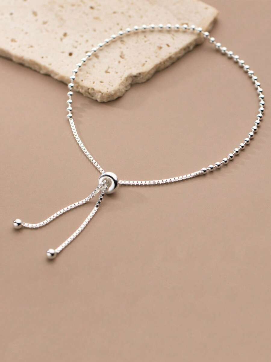 HuooNew 1枚優雅可調節的925純銀珠串拉繩手鍊,適合女士日常佩戴 - 銀色 - 查看 1