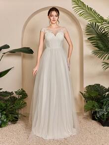 Sweetheart Neckline Shoulder Embroidery Bust Ruffle Polka Dot Mesh A-Line Wedding Dress Gown