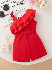 Summer Baby Girls' Cute Vacation Style Asymmetrical Shoulder Ruffle Trim Romper - Red - View 2