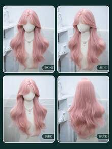 1 Synthetic Heat-Resistant Wavy Wig, Pink Wig, Made Of Fiber With Bangs At The Center, Suitable For Daily Use, Natural And Realistic Fake Wig (Excluding Accessories).
