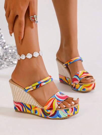 Women's Casual Open Toe Thick Bottom Wedge Sandals, Summer Comfy Slippers, Fashionable Slip-On Design, Soft Lining, Suitable For Sandal And Slipper Wearing,Travel Essential