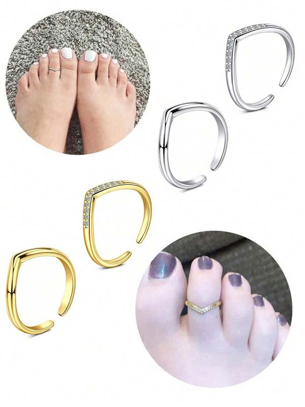 2 Stücke einstellbare Zehrringe für Frauen, goldener Zehenring, silberner Zehenring für Frauen aus Edelstahl, offener Schwanzring, Schmuckset für Füße für Strand und Urlaub