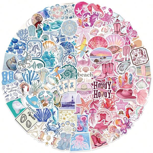 100Pcs Pink Blue Aesthetic Stickers Summer Stickers Beach Stickers Vacation Stickers Pink Aesthetic Decor Vinly Waterproof Stickers For Water Bottle,Computer,Laptop,Phone,Luggage,Notebook,Fridge,Headphone
