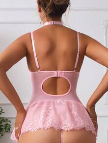 4pcs Lace Garter Belt & Bodysuit Set - Pink - View 2