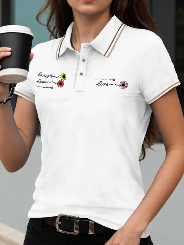 Camisa polo de mujer de manga corta con estampado floral