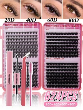 624PCS Mixed DIY Lash Extension Kit High Capacity Individual Lash Clusters 9-16MM Mixed D Curl Effect Natural Look Wispy Soft And Comfortable False Eyelashes Long-Lasting Individual Lashes Kit With Lash Bond&Seal And Tweezers And Lash Brush