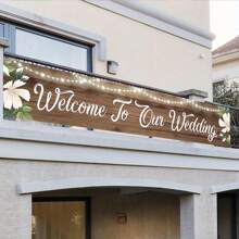 1pc Rustic Wooden Welcome To Our Wedding Banner, Polyester, Indoor & Outdoor Decor, Multi-Purpose, Festive Garden & Lawn Decoration, No Power Needed Party Banner