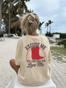 女士夏季街头红色靴子图案个性化印花圆领T恤，西部风格上衣 - 杏色 - 查看 3