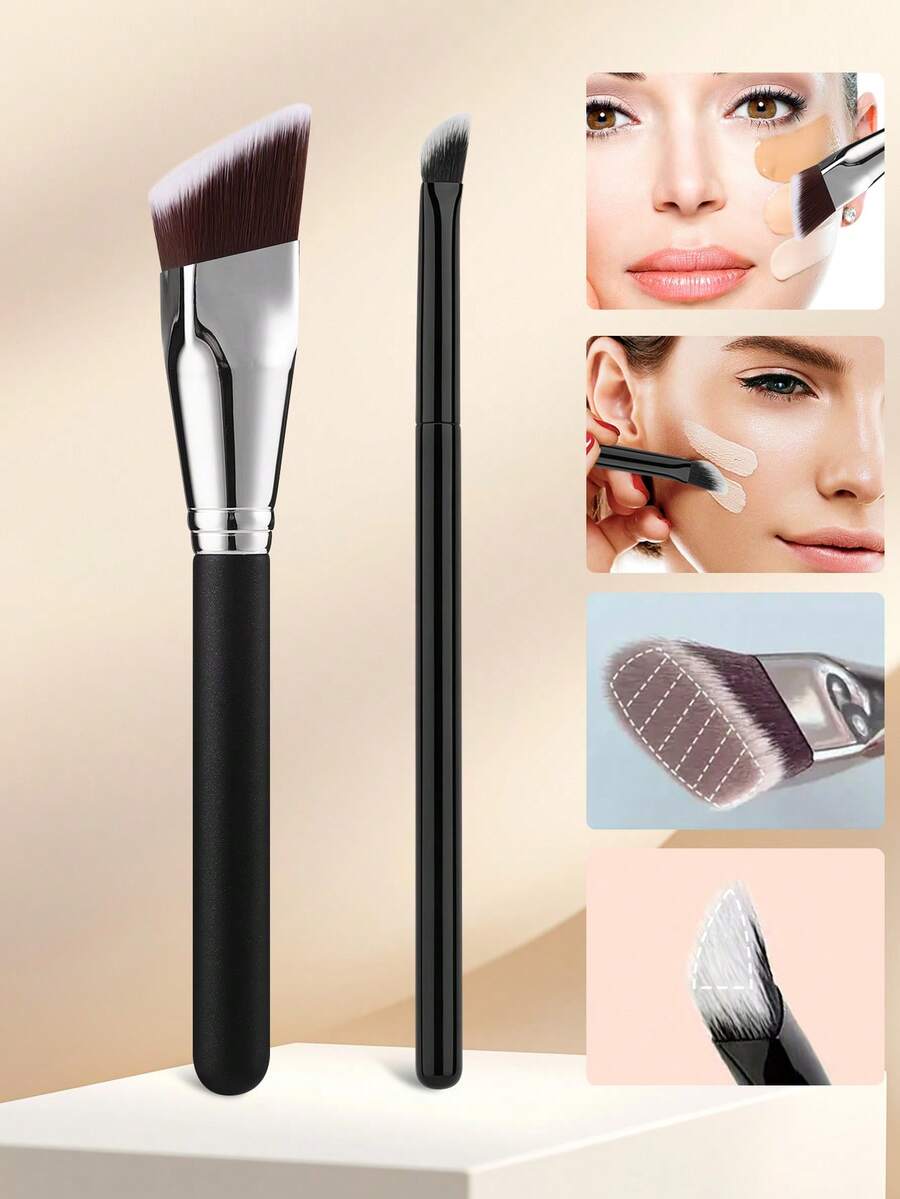 2pcs Foundation Brush & Concealer Brush Set, Square Angled Foundation Brush For Smooth Natural Coverage, Triangular Precision Concealer Brush For Face & Eye, Suitable For Powder, Liquid, And Cream Cosmetic Tools,Brush Set,Makeup Brush Kit,Make Up Brush Set,Make Up Set Complete,Makeup Brush Set,Complete Makeup Kit,Brush Kit,Brushes Makeup Set,Makeup Gift Set,Set - Black - View 1