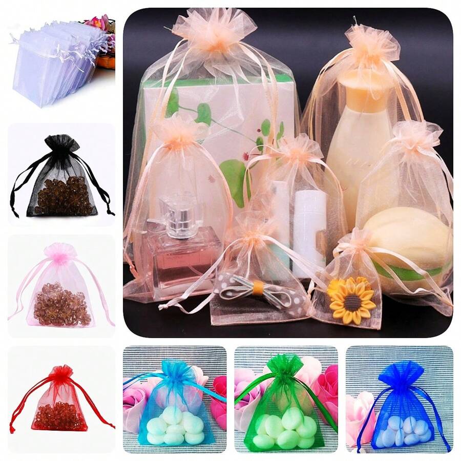 50pcs Champagne-Color Gift Bags, Organza Wedding Favor Bags, Candy/Snack/Packaging Bags, Tableware Packaging Bags, Holiday/Party Supplies, Home Decor, Outdoor Storage Bags, Wedding/Party/Holiday Gift Packaging, Suitable For Various Festivals, Parties, Birthdays, Weddings